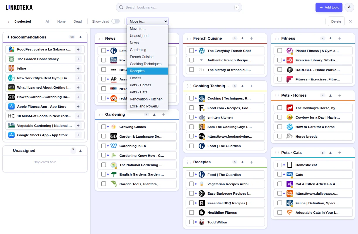 Batch selection mode with checkboxes on every card and a Move to menu open