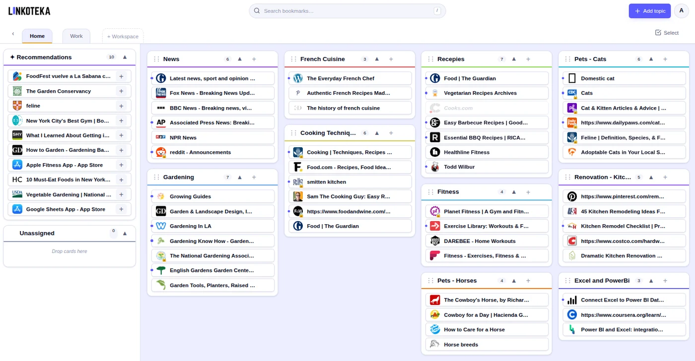 A Linkoteka board with workspaces, colour-coded topics and bookmark cards