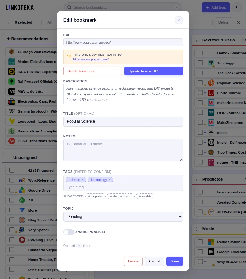 The edit dialog for a bookmark, showing a redirect notice, description, notes, tags and suggested keyword chips