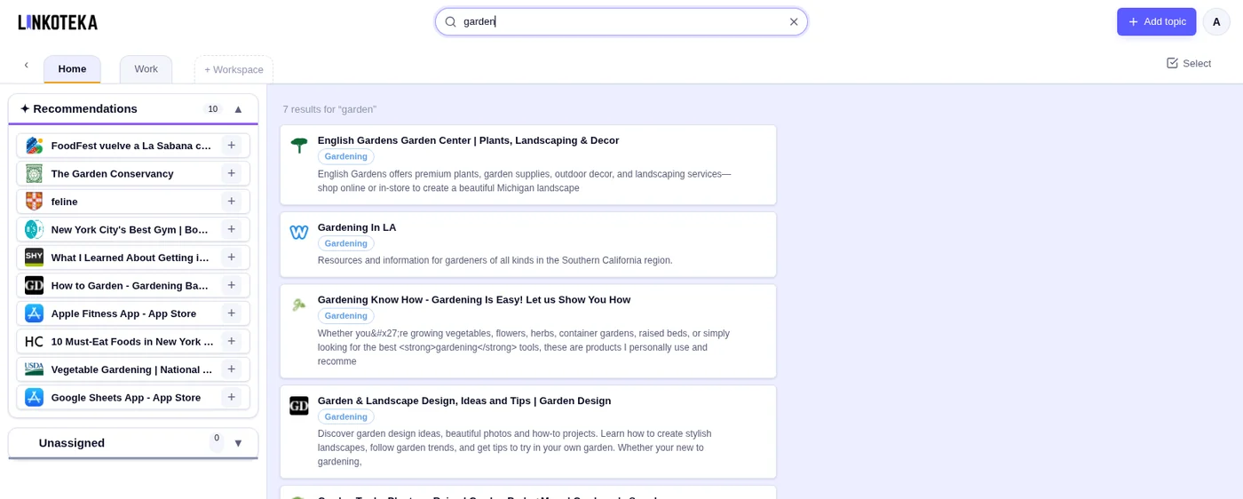 Search results for the word garden, each with its topic label and a short description